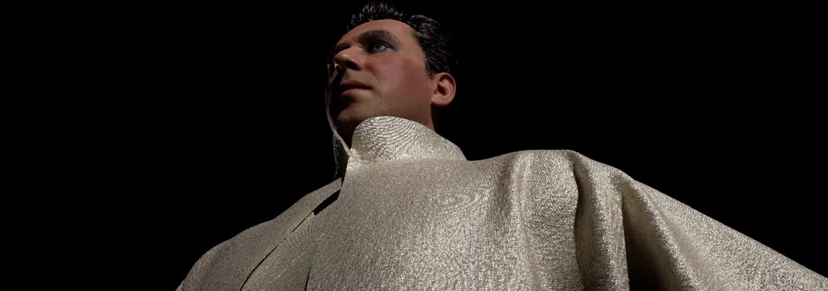Close-up from below of Calaf rebuilt digitally: the tenor’s face and the collar of his pale costume, simulated as fabric, on a black background.