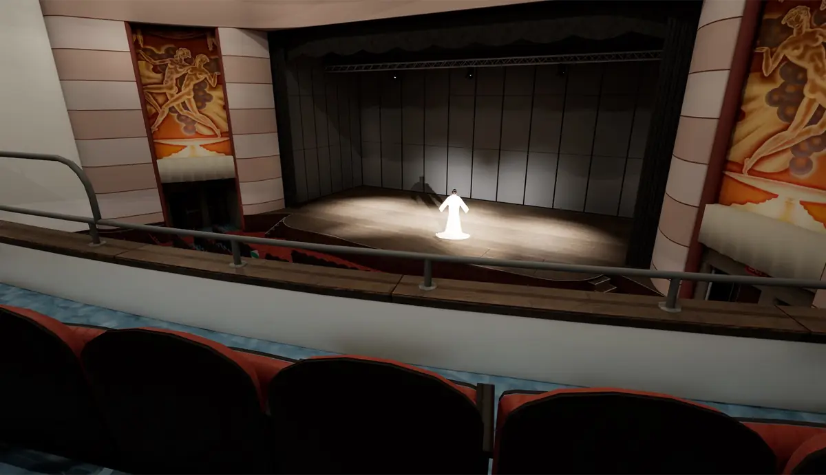 3D render of the same theatre: a performer in a long white costume standing at centre stage under a beam of light; in the foreground the gallery rail and the seats.